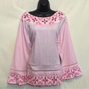 I-31 Freestyle PLUS SIZE 1X Vintage Pink 100% Linen Lace Detail Blouse‎